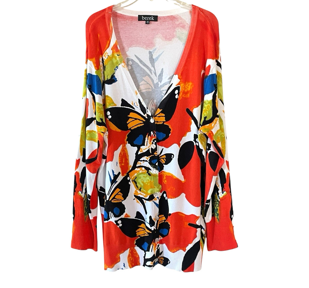 BEREK Women 3X Orange Black Butterfly VINTAGE Button-Up V-Neck Cardigan Sweater